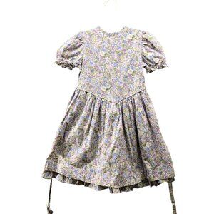 Vintage Girls 6X Floral Dress Puff Sleeve Purple A-Line Prairie Cottagecore 80s
